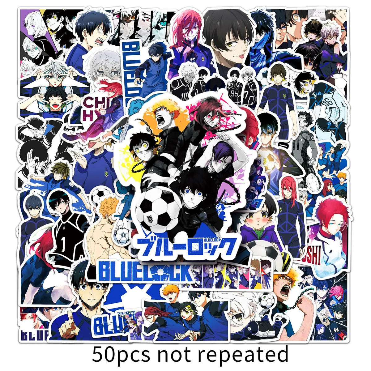 sticker anime personnages textes bleu lock chigo goal shi team football noir blanc