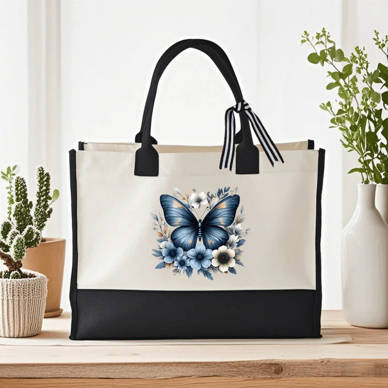 sac main toile papillon bleu fleurs moderne beige noir zippé utilisation multiple respectuevironnement