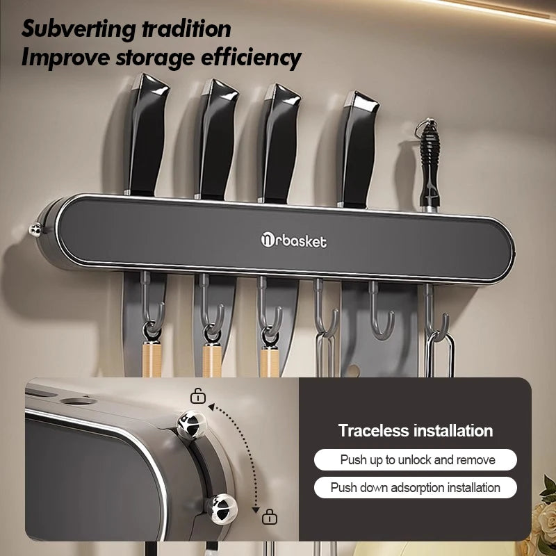 porte couteaux mural adhésif contemporain gris métallique mat couteaux pinceaux lingette poêle spatule cuisine