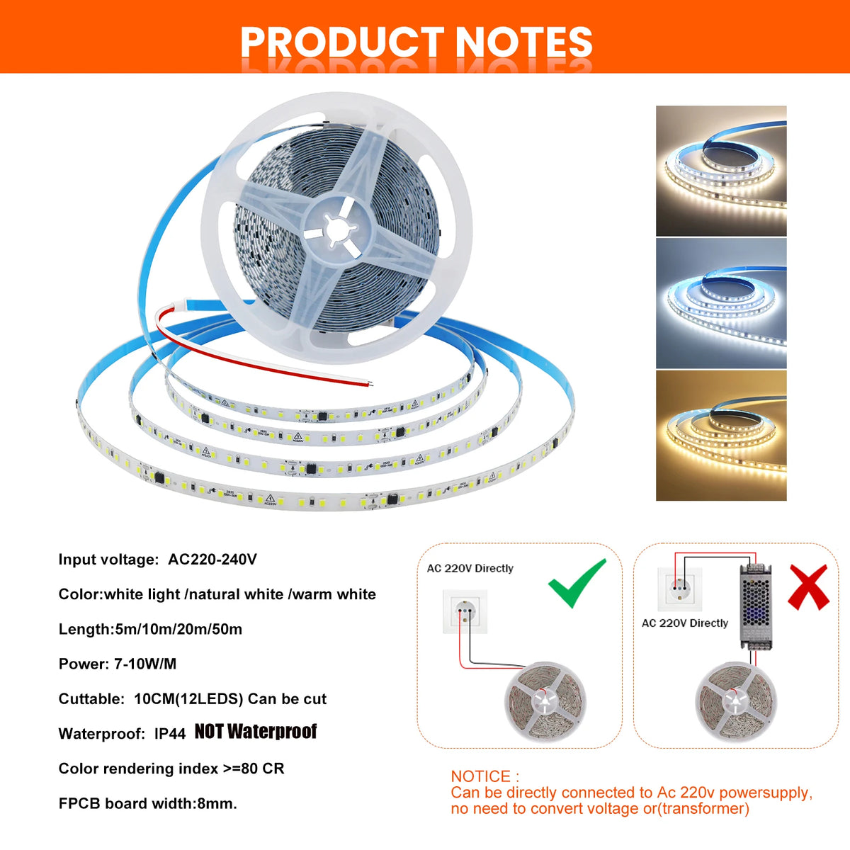 ruban led flexible 120led/m 220v 3000k 4000k 6000k adhésif salon moderne