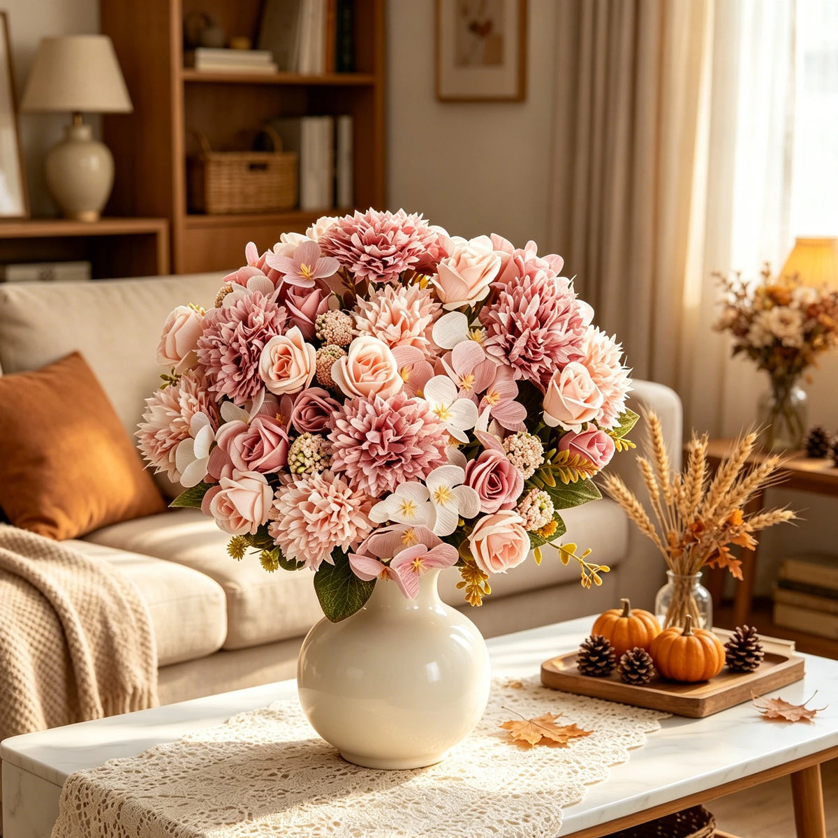 décoration intérieure bouquet fleurs artificielles rose chrysanthème mariage anniversaire élégant moderne festive