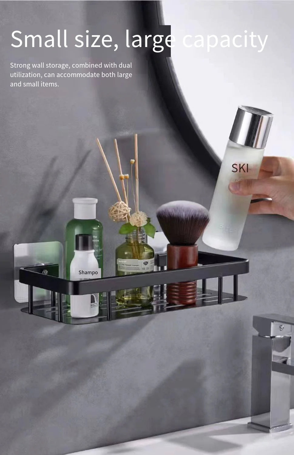 étagère murale noire acier moderne clips salle bain organisée rangement bouteilles flacons serviettes