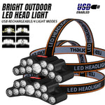 lampe frontale led rechargeable camping pêche rayures noires orange ceinture ajustable haute luminosité usb