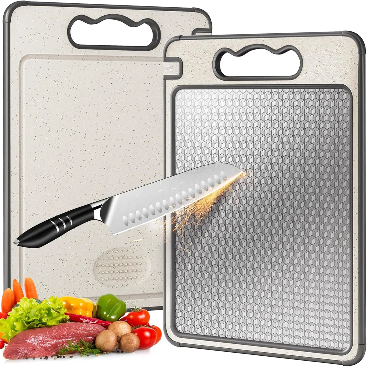 planches découper acier inoxydable moderne beige clair gris hexagonal poignées silicone antidérapantes zones coupe