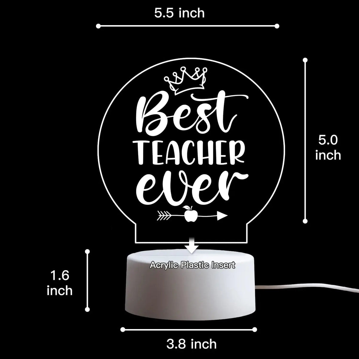 lampe nuit 3D lettrage Best Teacher Ever couronne pomme transparent moderne couleurs base plate