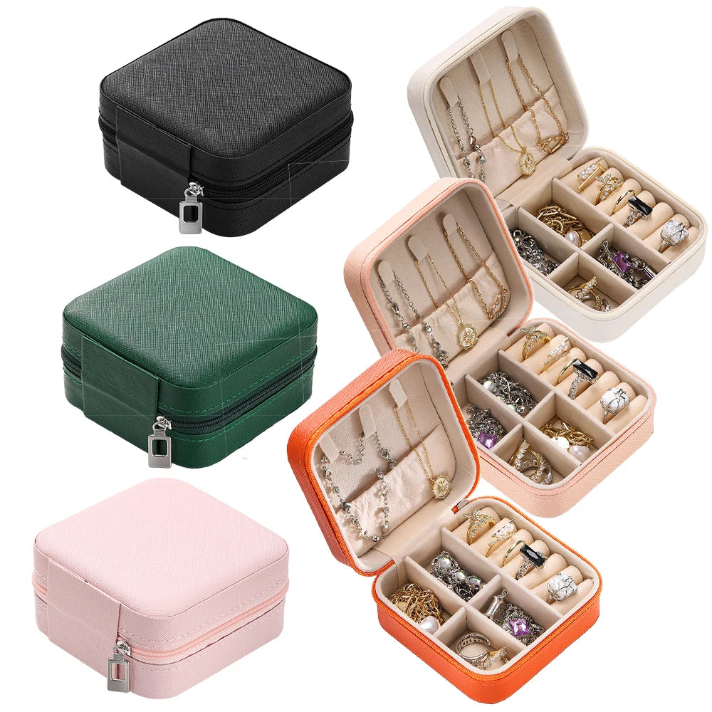 boîte bijoux simili cuir moderne compartiments noir vert rose clair orange fermeture éclair portable