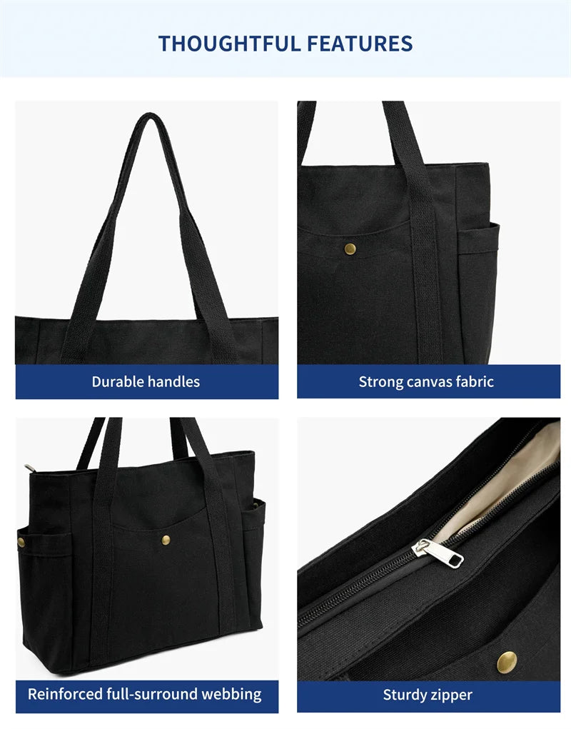 sac cabas noir toile voyage poches extérieures poche intérieure zippée anse tissu utilitaire décontracté