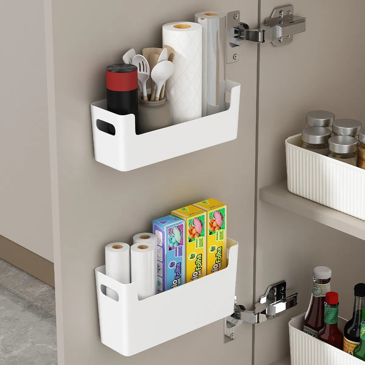 organiseur mural blanc moderne adhésif épices ustensiles papier toilette gobelets cuisine rangement écologique