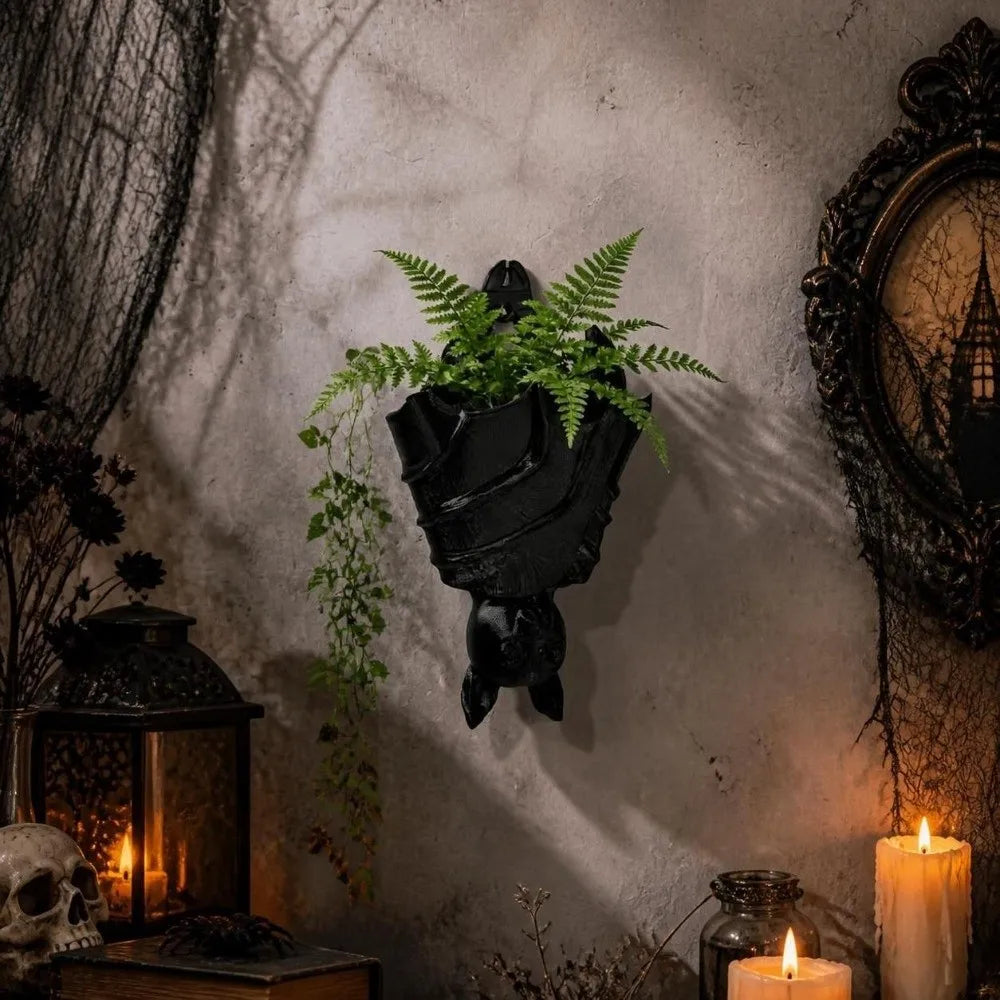 cache pot murale chauve souris gris noir sculptee gothique artisanale murale