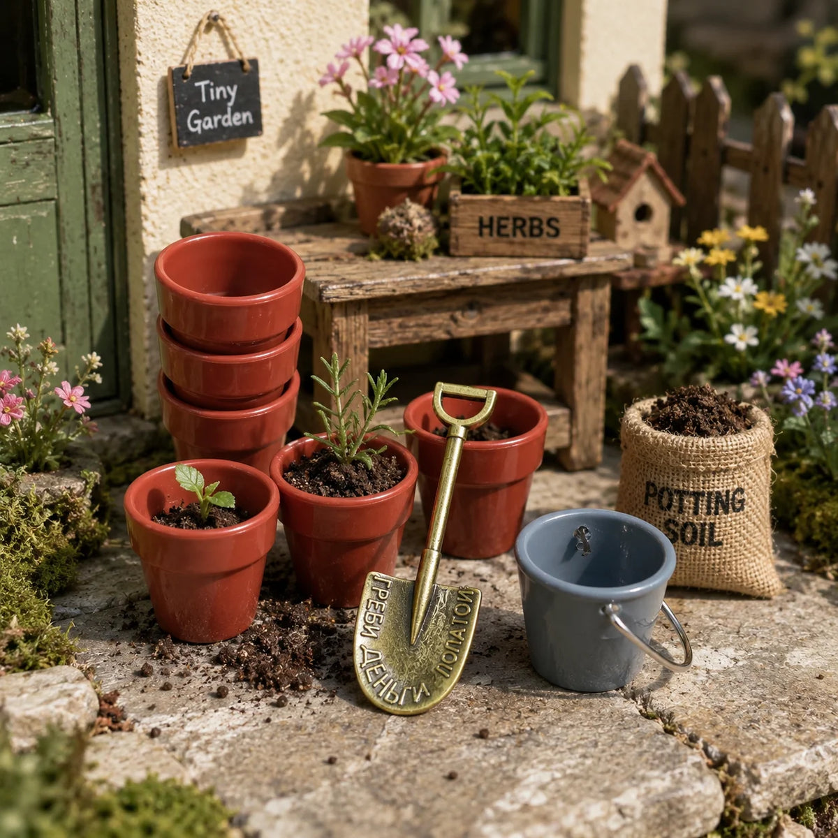 pots fleurs miniatures rouge orange bleu soucoupe pelle sac terreau éléments jardin miniature