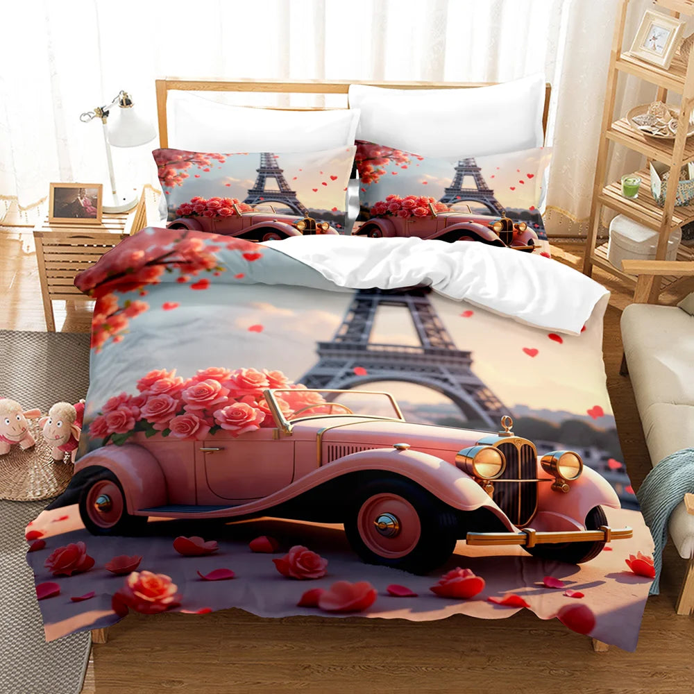 parure lit complète housse couette taies oreillers tour eiffel rose fleurs vintage