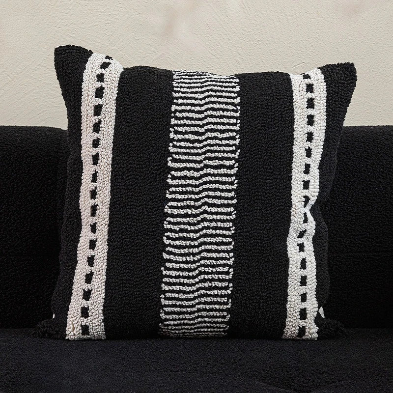 coussin noir blanc brodé géométrique moderne fixé 45x45cm décoration