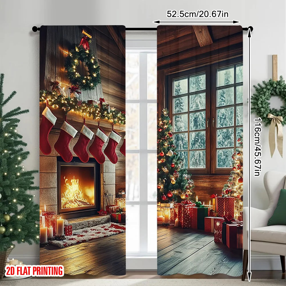 rideau noël imprimé 2d noir rouge vert blanc sapin noel guirlande cadeaux pièces opaques