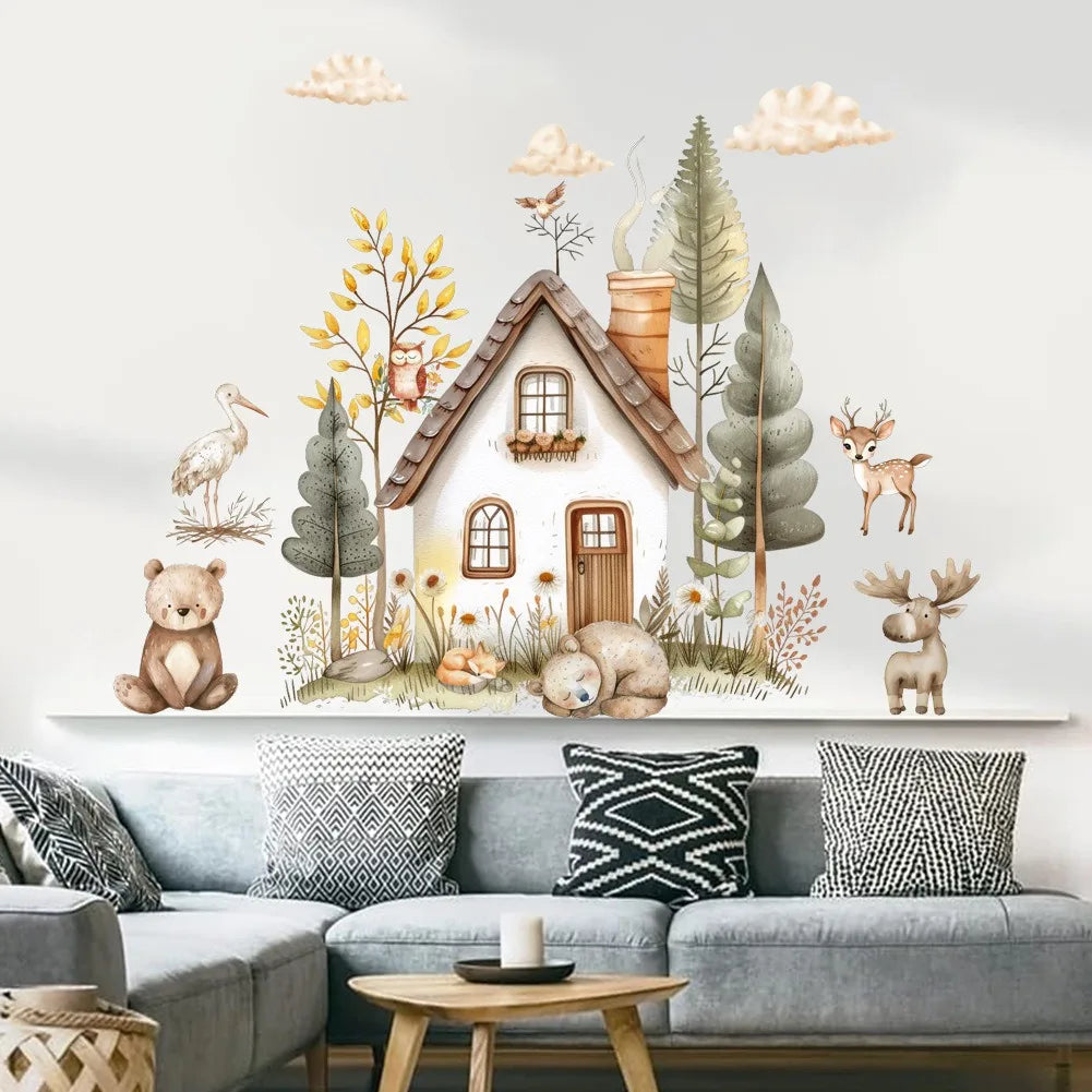 sticker mural illustration aquarelle maison animaux foret enfantine decoration nuages arbres