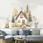 sticker mural illustration aquarelle maison animaux foret enfantine decoration nuages arbres