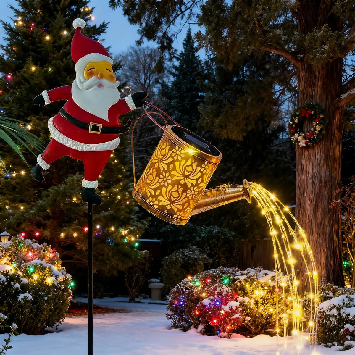 décoration noël père noël arrosoir lumineux rouge blanc doré festive extérieure jardin métal fixe