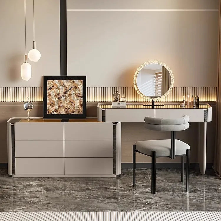 meuble rangement moderne commode tiroirs table maquillage miroir tabouret bois chêne massif beigeclair