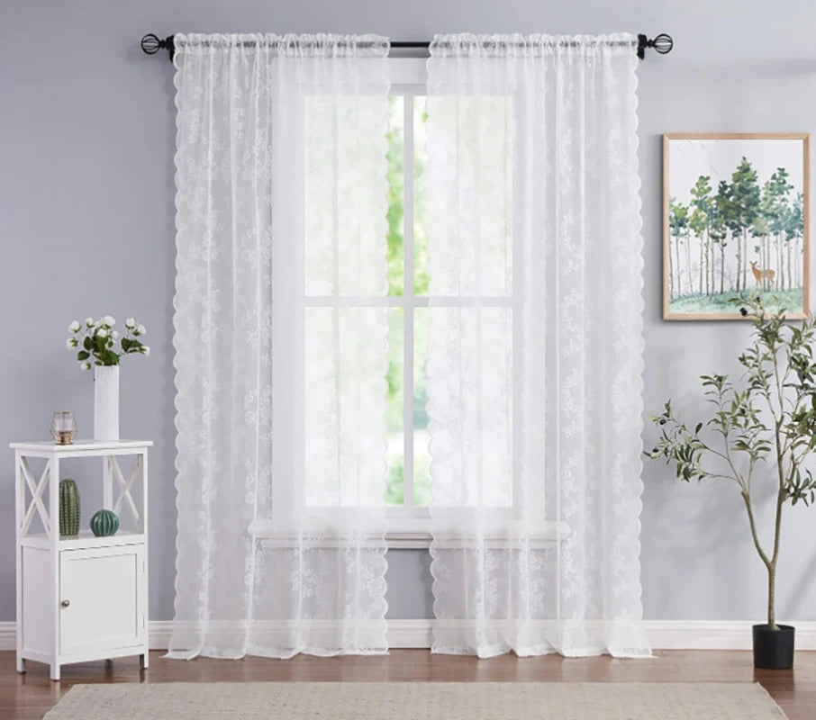 rideau blanc broderie florale polyester transparent classique oeilletsextérieur thermique lumière