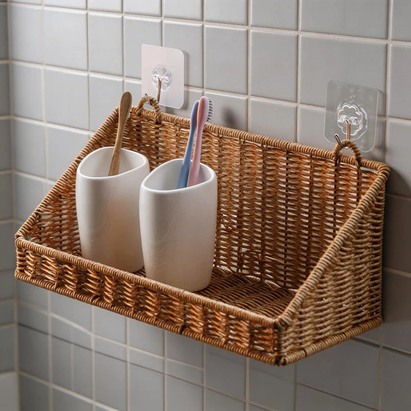 panier rotin tressé rustique naturel clips adhésifs rangement cuisine salle bain chambre salon herbes