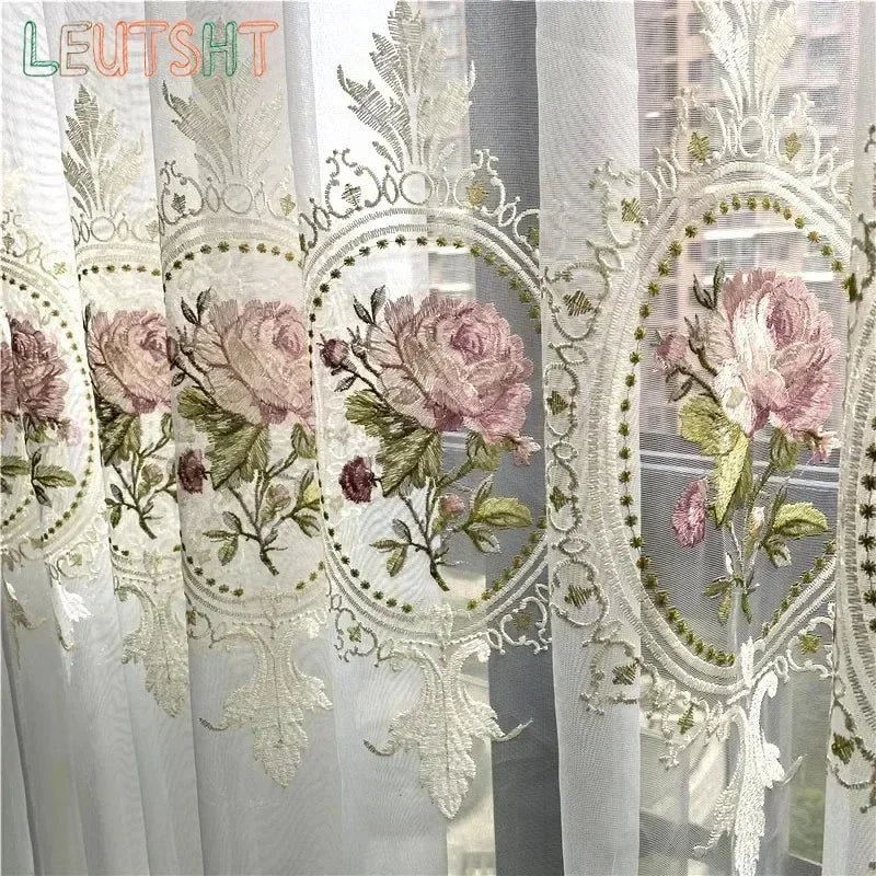 rideau tulle brodé fleurs blanc rose vert classique romantique transparentextérieur chambre salon machine lavable