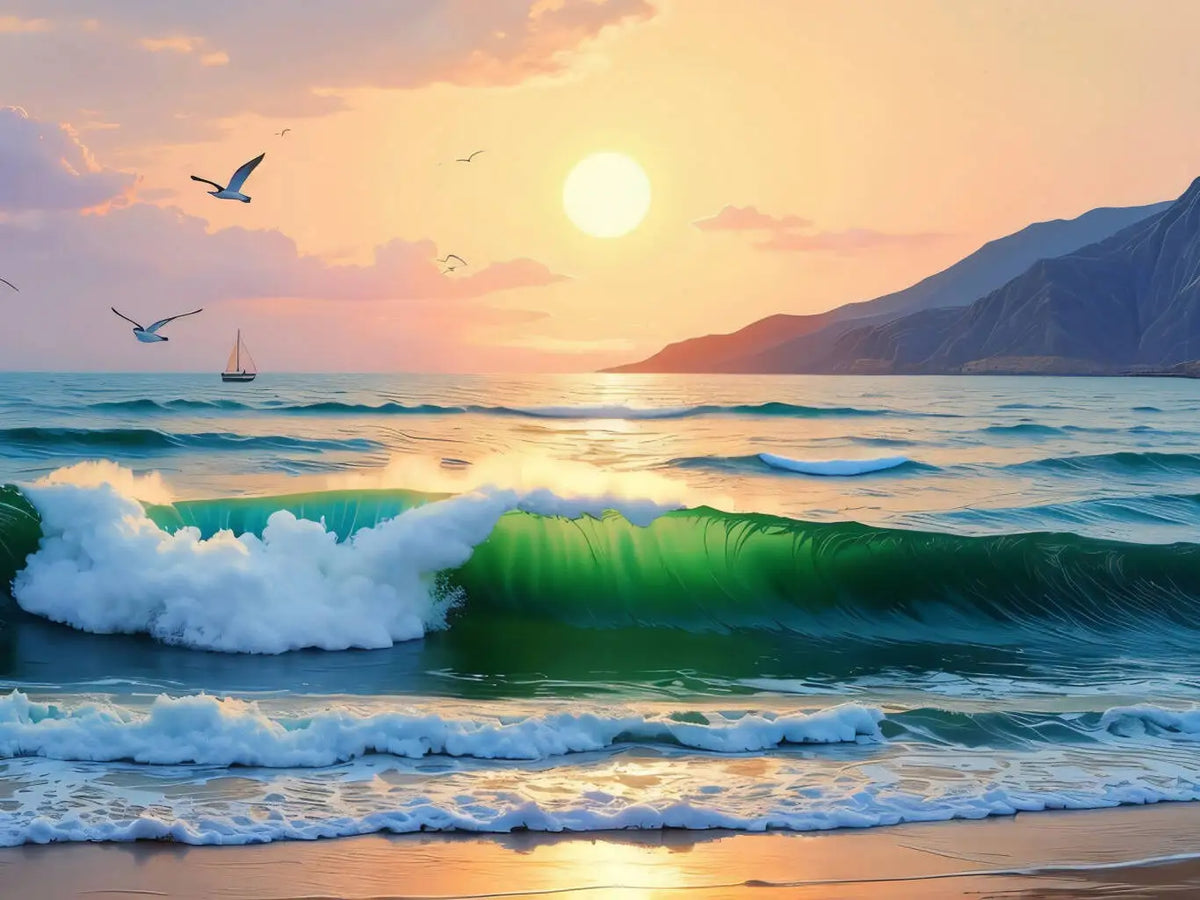 peinture l'huile paysage marin toile moderne coucher soleil vagues herbe sable pinceaux palette débutants