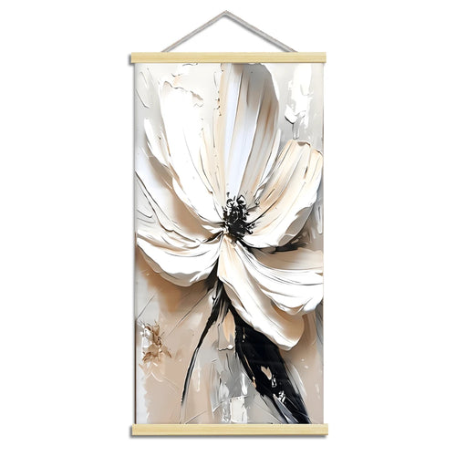 toile d'art contemporaine minimaliste fleurs stylisées dorées blanches suspendue bois