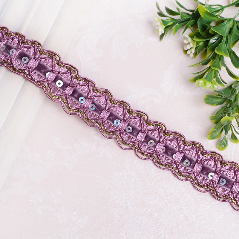 ruban décoratif dentelle élégant sequins dorés or rose violet bleu marron 2mètres polyester