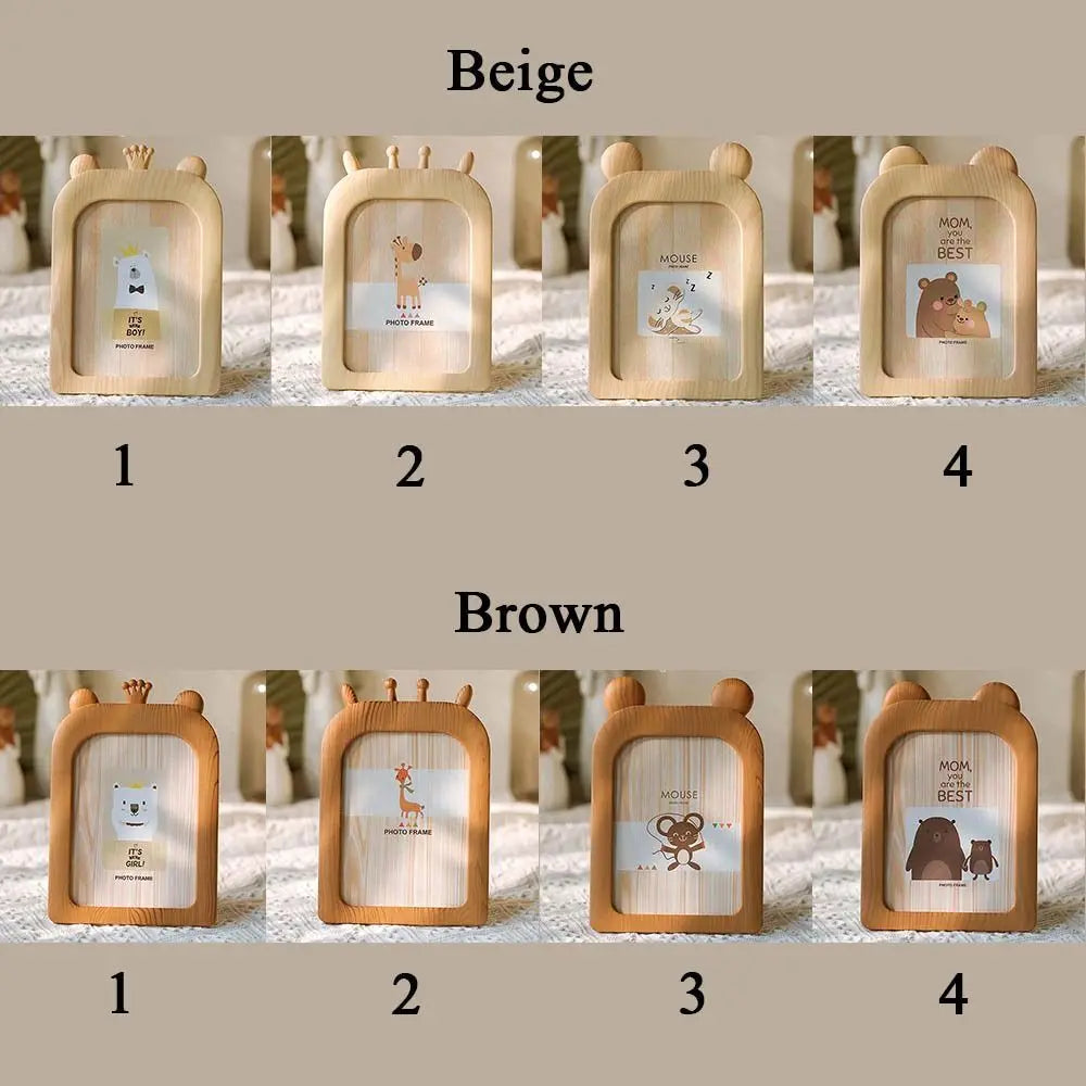 cadres photo décoration animaux tête souris girafe ours aspect bois clair rotatif beige marron