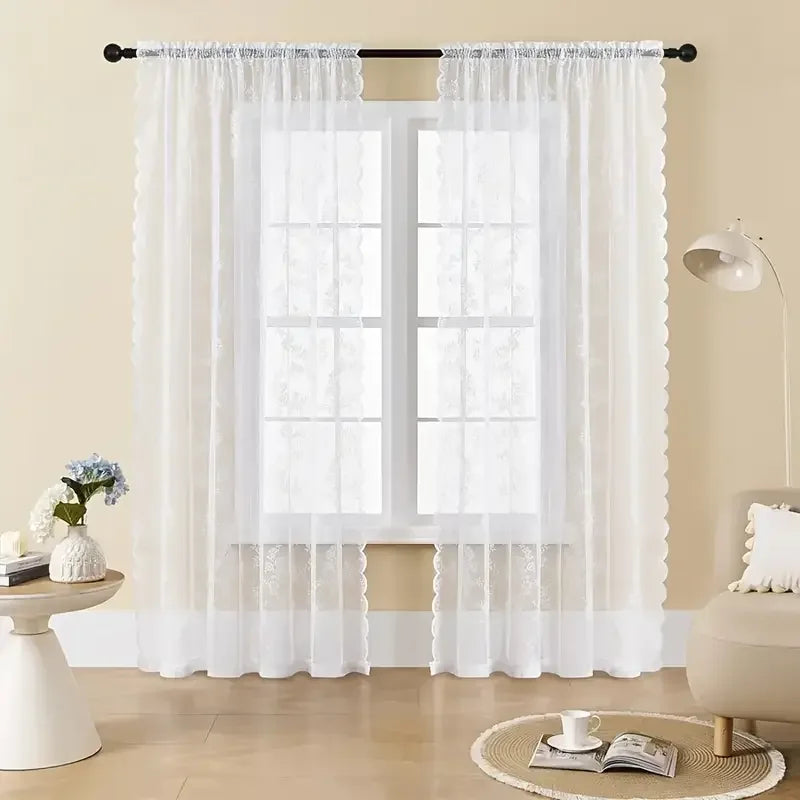rideau floral transparent dentelle polyester fenêtre vintage pastorale 145x160cm blanc