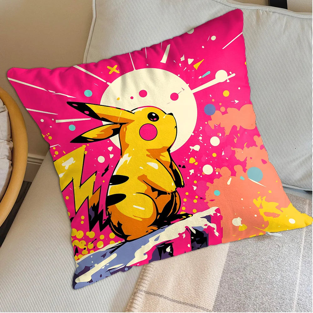 housse coussin carrée jaune motif pokemon pikachu décorative salon chambre lit enfant coton