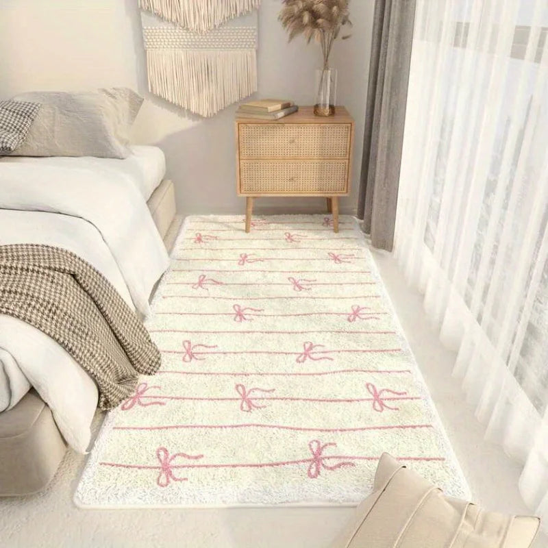 tapis moderne rayures horizontales nœuds décoratifs blanc rose bleu clair antidérapant polyester