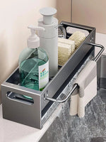 rangement évier multi usages argenté blanc vert serviette éponge savon moderne minimaliste comptoir accessoire