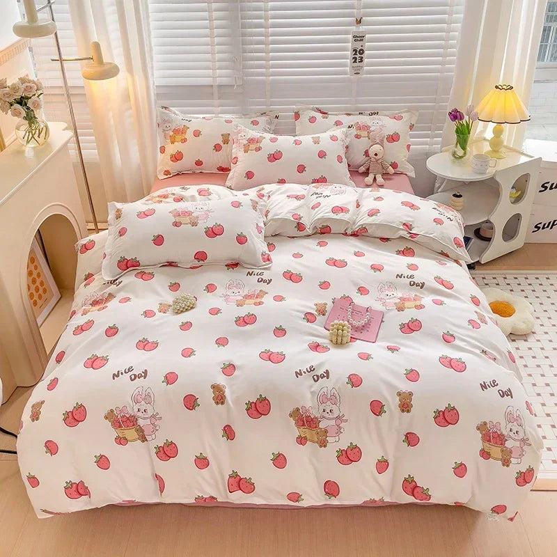 ensemble literie enfantin lapins coeurs rose blanc adorable housse couette taies oreillers drap carreaux