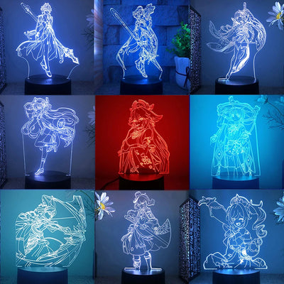 Lampe de chevet LED anime 3D bleu ciel allumee dans une chambre d'ado