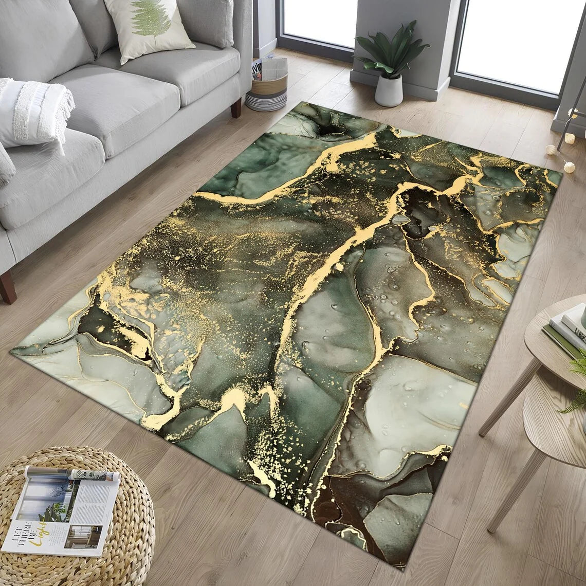 tapis moderne noir or marbre géométrique salon chambre antidérapant polyester