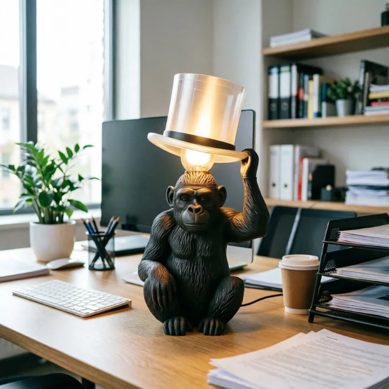 lampe decorative singe chapeau haut forme noir argenté lumiere dorée deco humoristique moderne