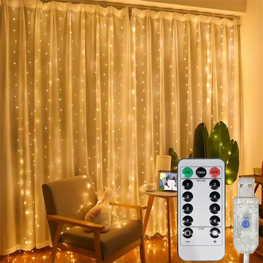 rideau lumineux led multicolore moderne télécommande usb modes blanc jaune beige points lumineux festive