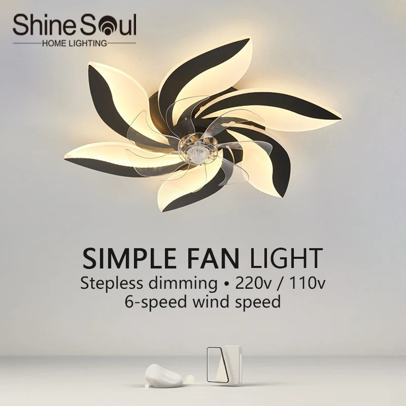 ventilateur plafonnier led moderne noir blanc feuilles stylisées six vitesses télécommande lumière variateur intensité