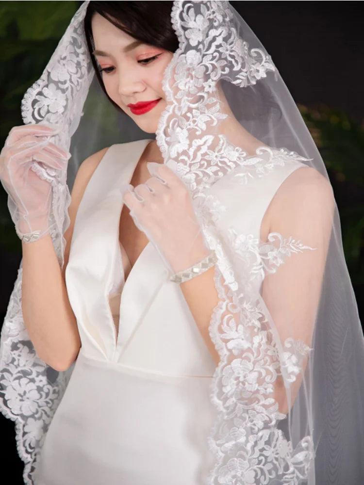 voile mariée blanc broderie fine classique clips cheveux translucide polyester dentelle adult