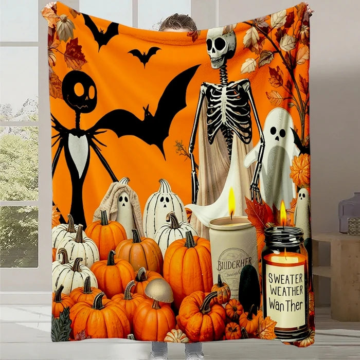 Un paysage d'Halloween festif avec des citrouilles, des fantômes et un squelette sur un fond orange.