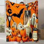 Un paysage d'Halloween festif avec des citrouilles, des fantômes et un squelette sur un fond orange.