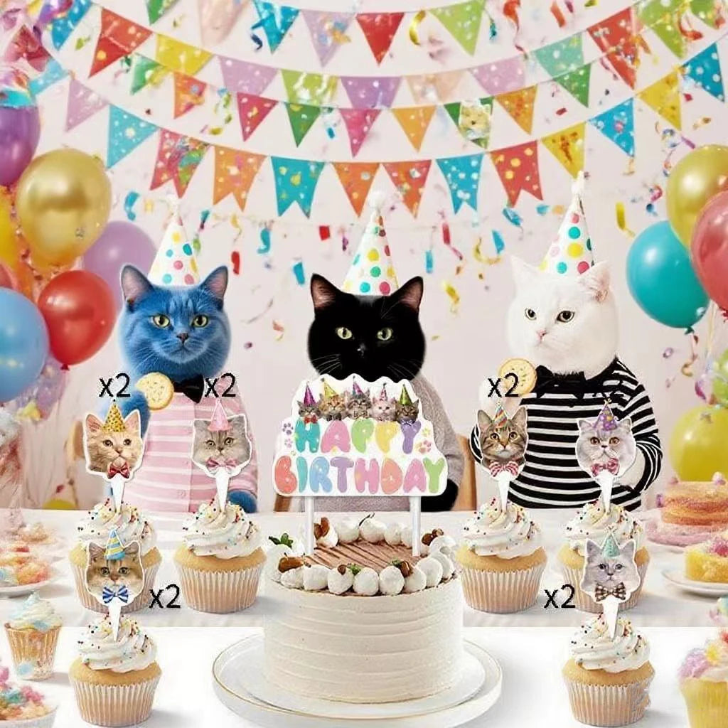 accessoires fête anniversaire multicolore chats chapeaux rubans motifs floraux guirlande lettres happy birthdayDecoration festive