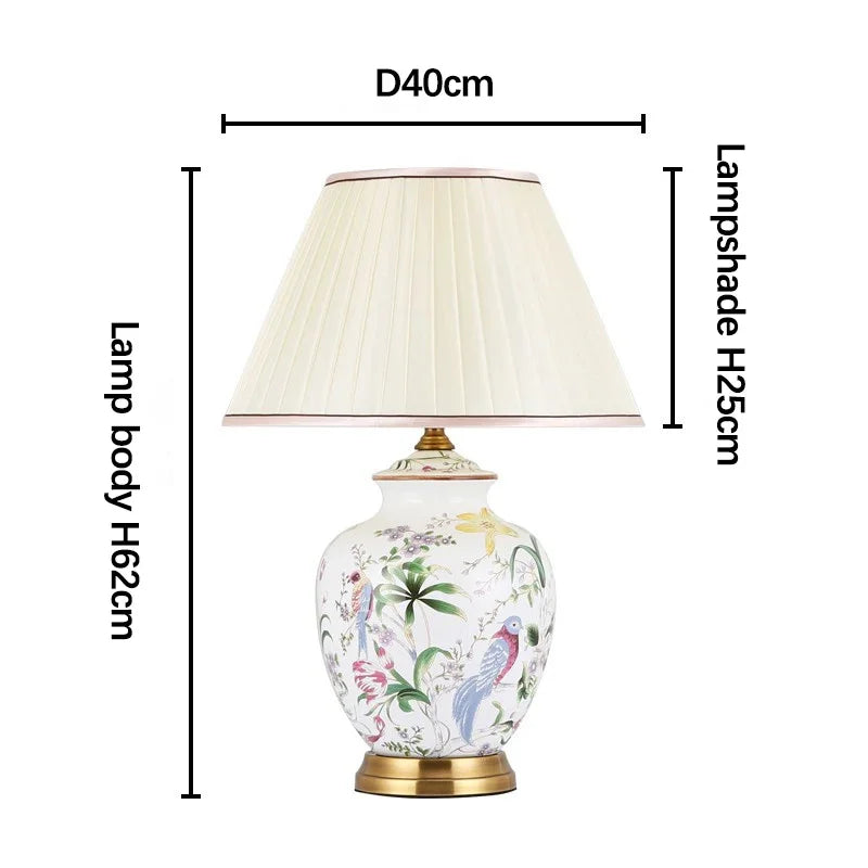 lampe table moderne abat jour fleurs oiseaux classique blanc doré vintage