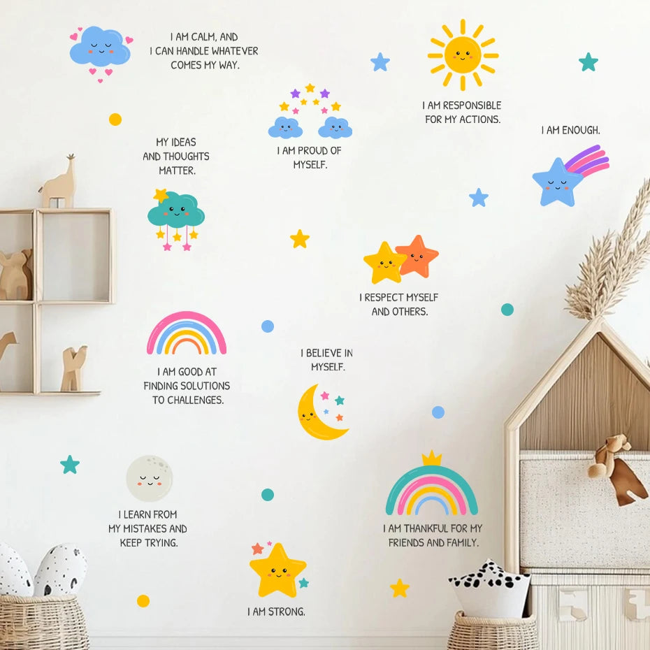 sticker mural étoiles dessin animé multicolore décoration enfant chambre nuage soleil arc ciel