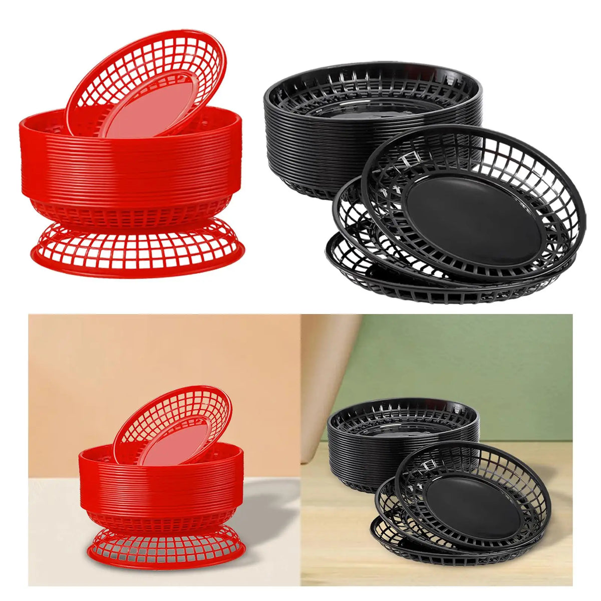paniers ovales plastique rouge noir grille service alimentaire party trays restaurants