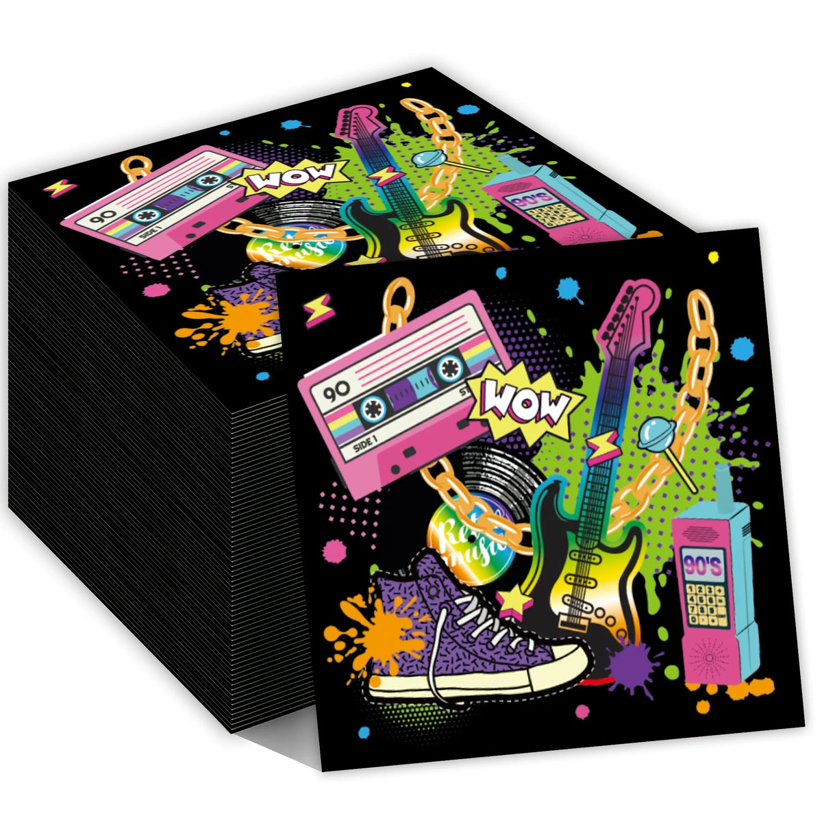 serviettes jetables années 90 pop art cassette guitare lettres wow