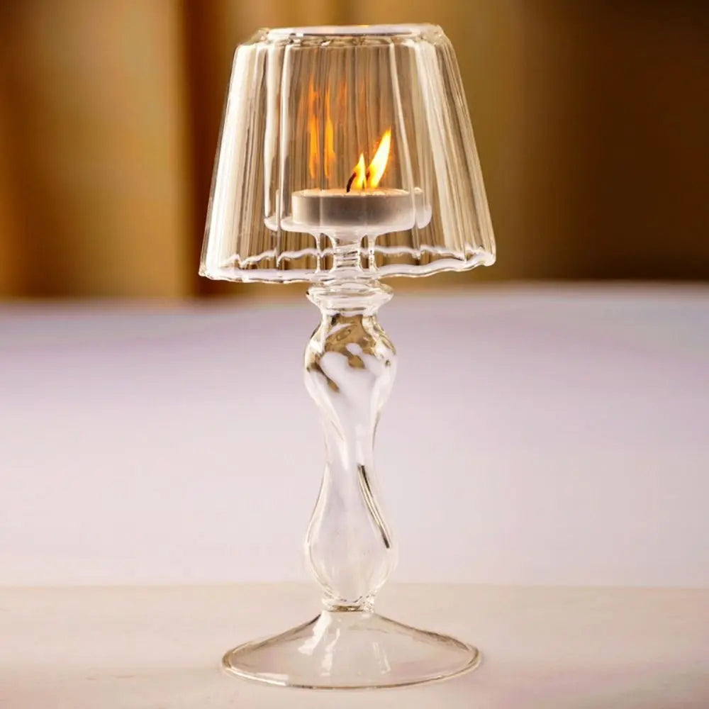 bougeoir classique transparent strié décoration intérieure hauteur totale 18.5cm pied 5.3cm hauteurs