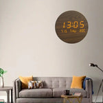 horloge murale led ronde bois naturel affichage numérique date moderne sans tic tac salon