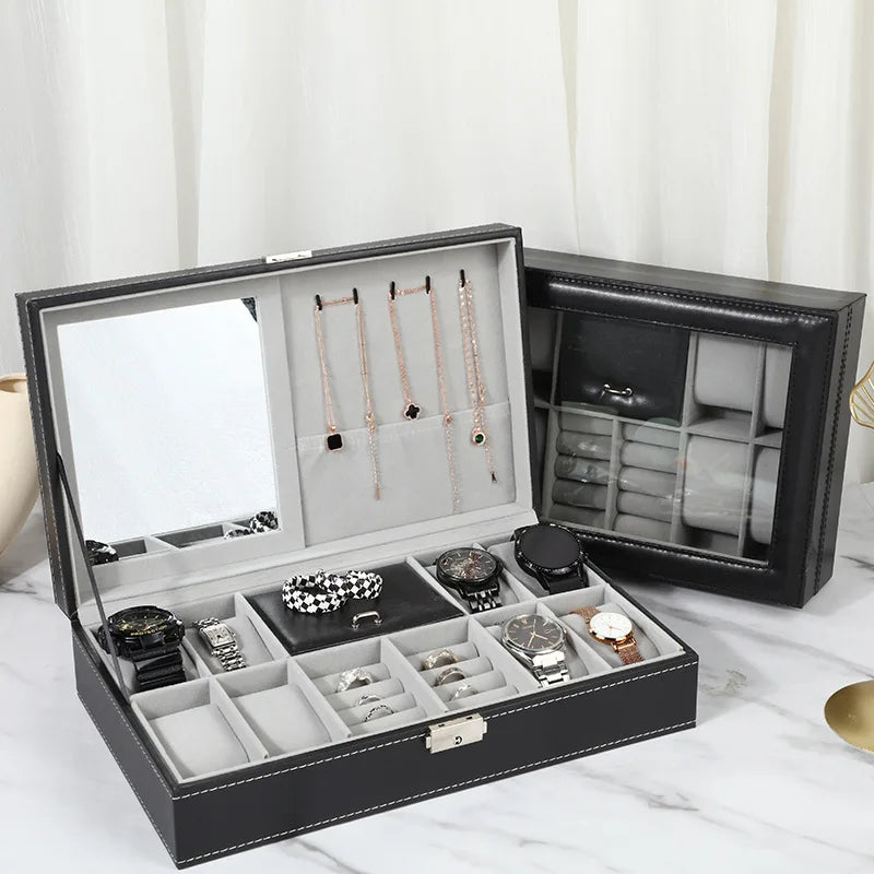 boîte montres cuir noir miroir cadenas porte pli anniversaire mariage quà portable