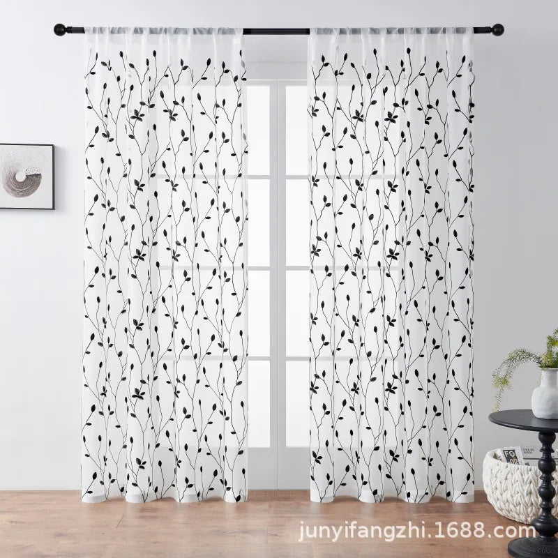 rideau transparent brodé feuilles protection uv polyester moderne blanc noir jaune vert turquoise floral